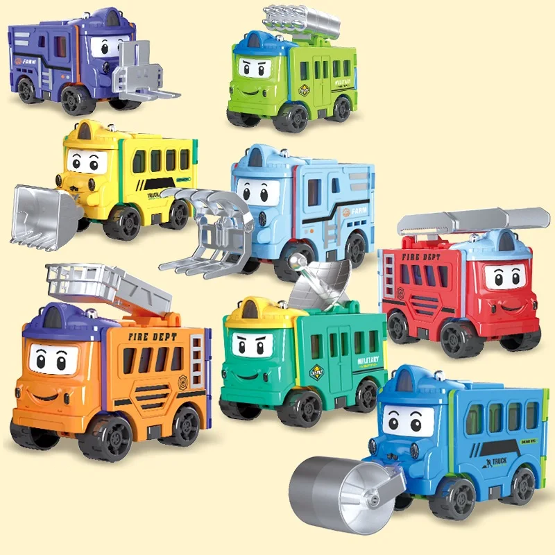 Cartoon Transformable Car Toy with Double-Sided Flip Inertia Powered Reversible Engineering Vehicle STEM Learning Gift for Kids