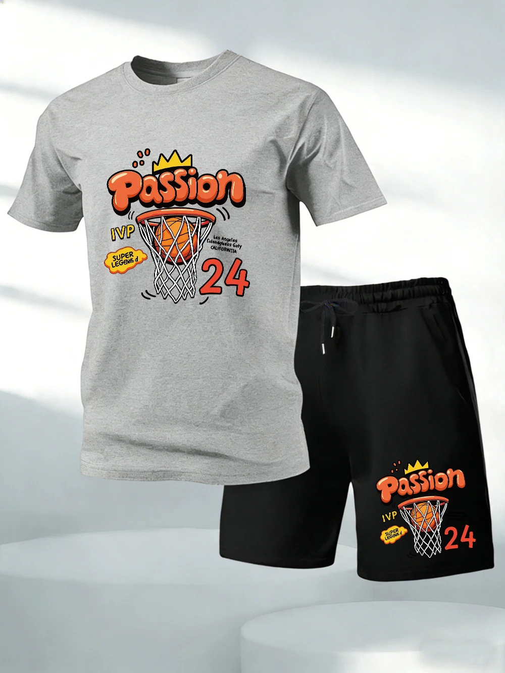 

Two Pieces Set Basketball Passion Number 24 Print Cotton Tops Shorts Mens Oversize Soft O-Neck T-Shirt Pocket High Waisted Pants