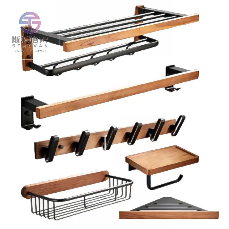 

Bathroom Walnut Storage Rack Hardware Accessories Set Washroom Toilet Accessory Set Wooden Bathroom Accessories Set