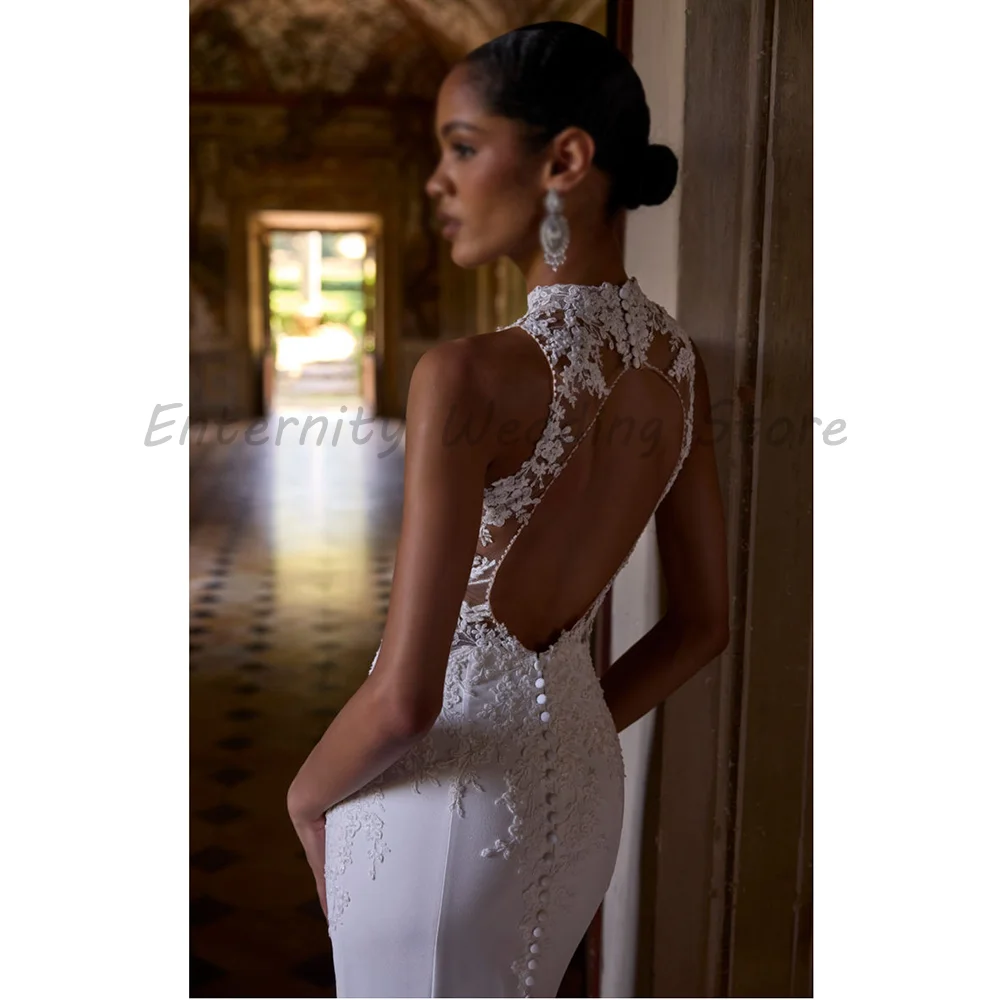 High Neck Lace Mermaid Wedding Dresses Illusion Sleeveless Backless Bridal Gowns Button Details Lace Edge Train For Bride
