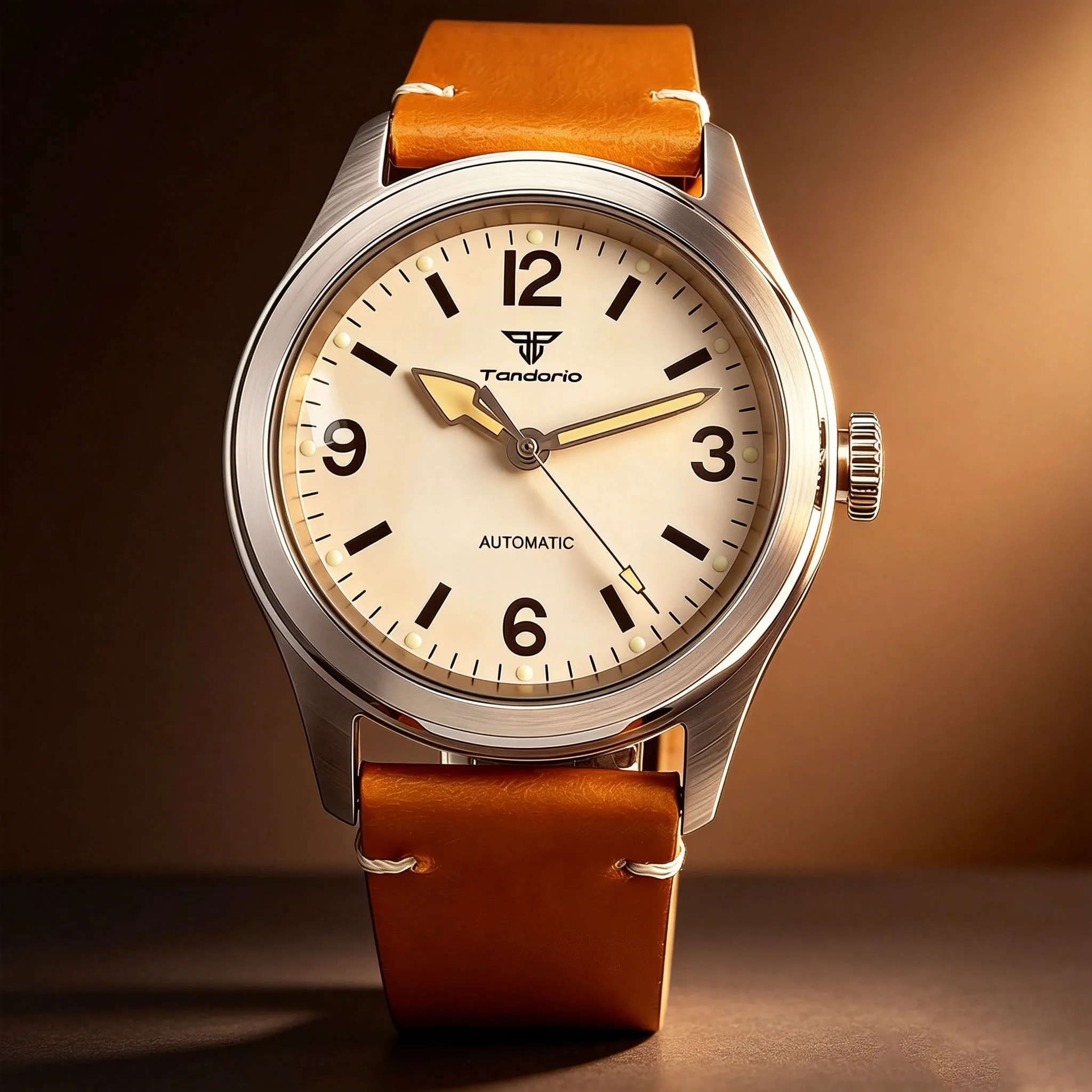 Retro Vintage Beige/Black Mechanical Men Watch Automatic Sapphire Glass NH35/Asia 2824 100M Waterproof Luminous marks Tandorio