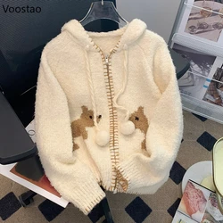 Sweet Knitted Cardigan Women Vintage Cartoon Doggy Hooded Zipper Sweater Coat Female Fashion Casual Loose Knitwear Jacket Tops