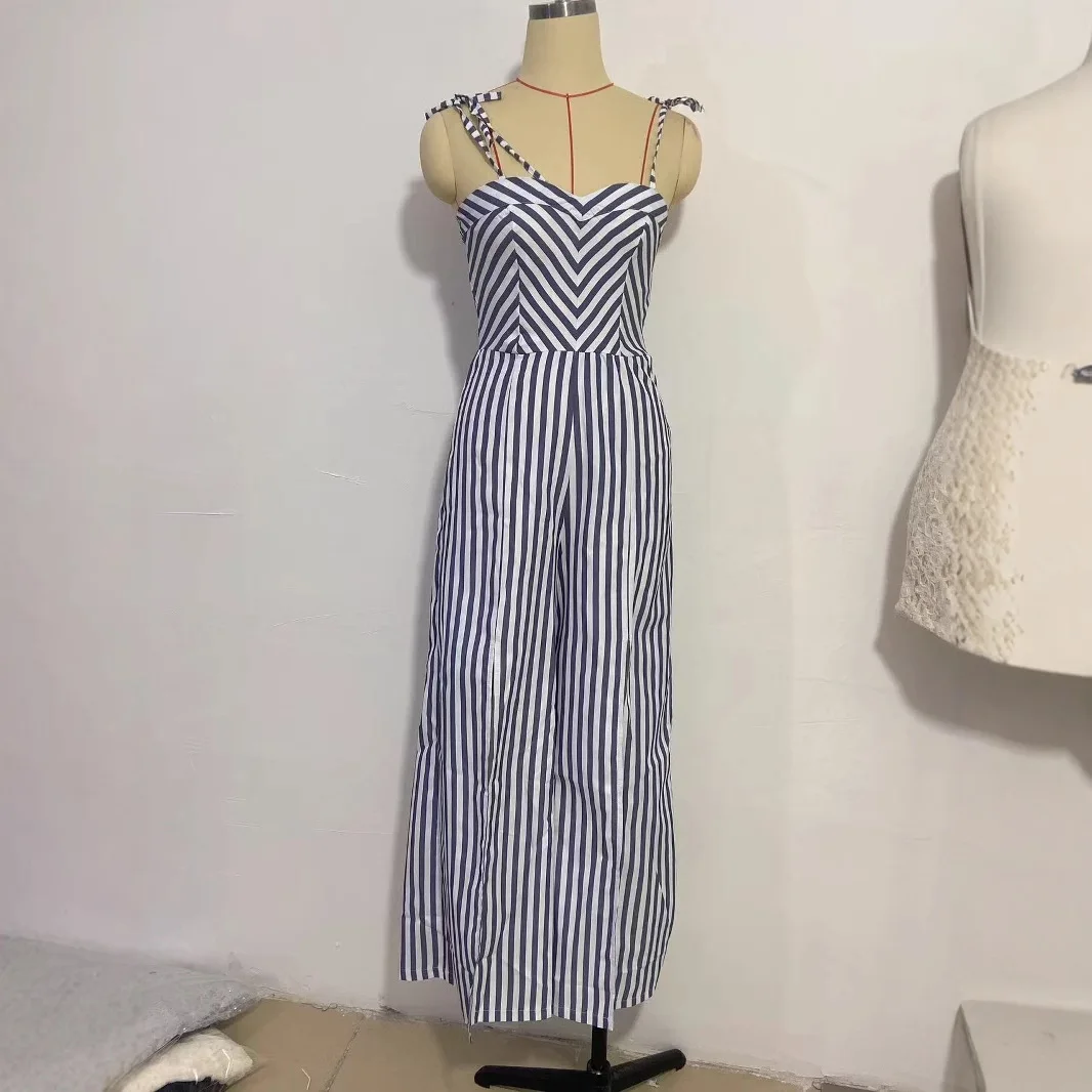 

Women Sexy Romper High Waist Wide Leg Pants Sleeveless One Piece Overalls Elegant Female Suspenders Striped Jumpsuit