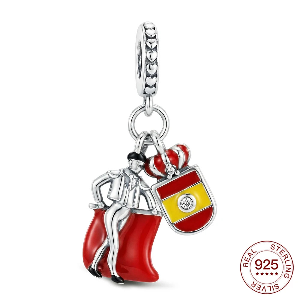 

925 Sterling Silver Summer Charm Spain Bullfighter Flag Pendant Fit Bracelet Diy For Women Elegant Fashion Jewelry Travel Gifts