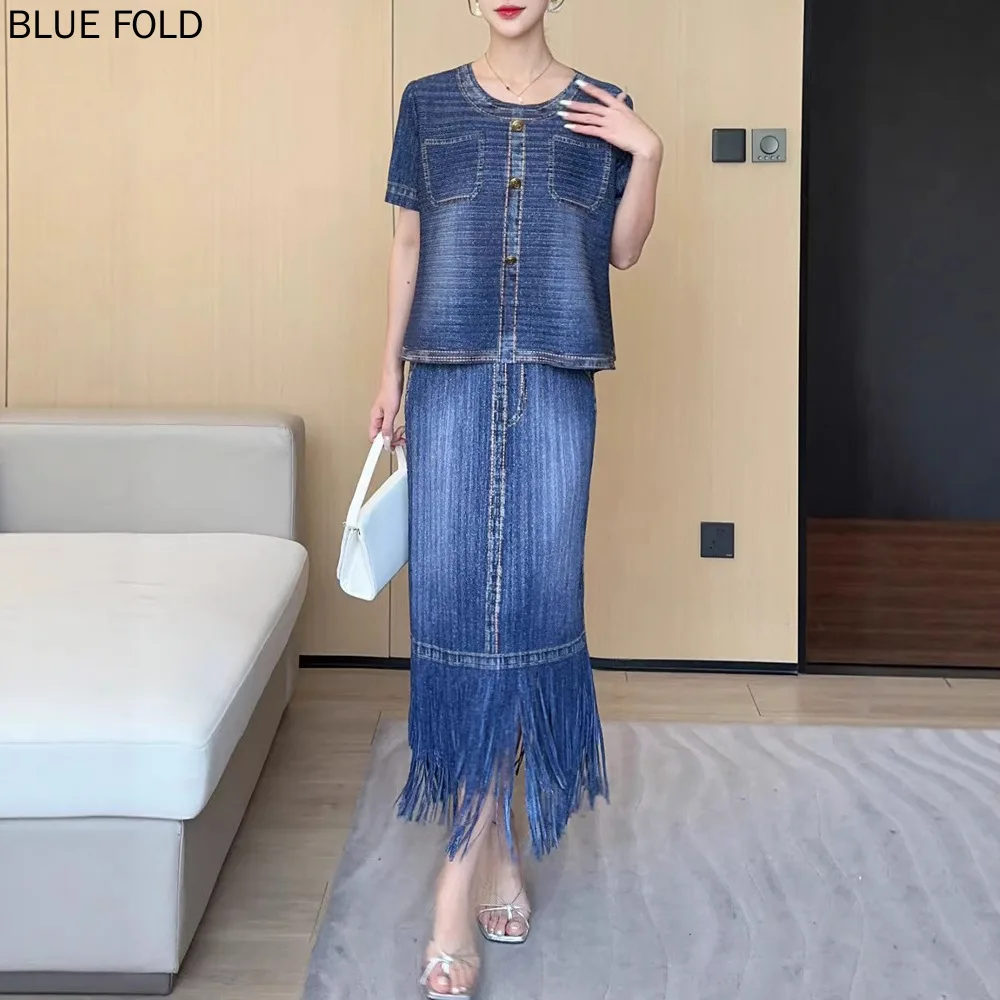 

MIYAKE Women's Summer Two-piece Set 2025 New Denim Color Short Sleeve Round Neck Pullover Top Fringe Skirt Suit