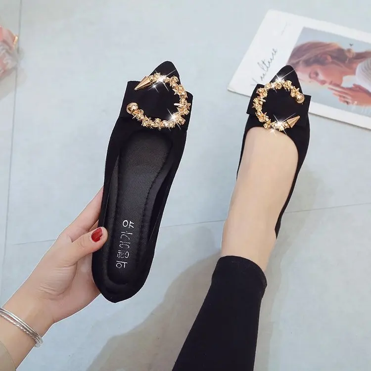 Women's Flats Pointed Toe Loafers Fashion Low Heel Casual Shoes Comfortable Shallow Shoes Slip On Metal Decorative Women Shoes