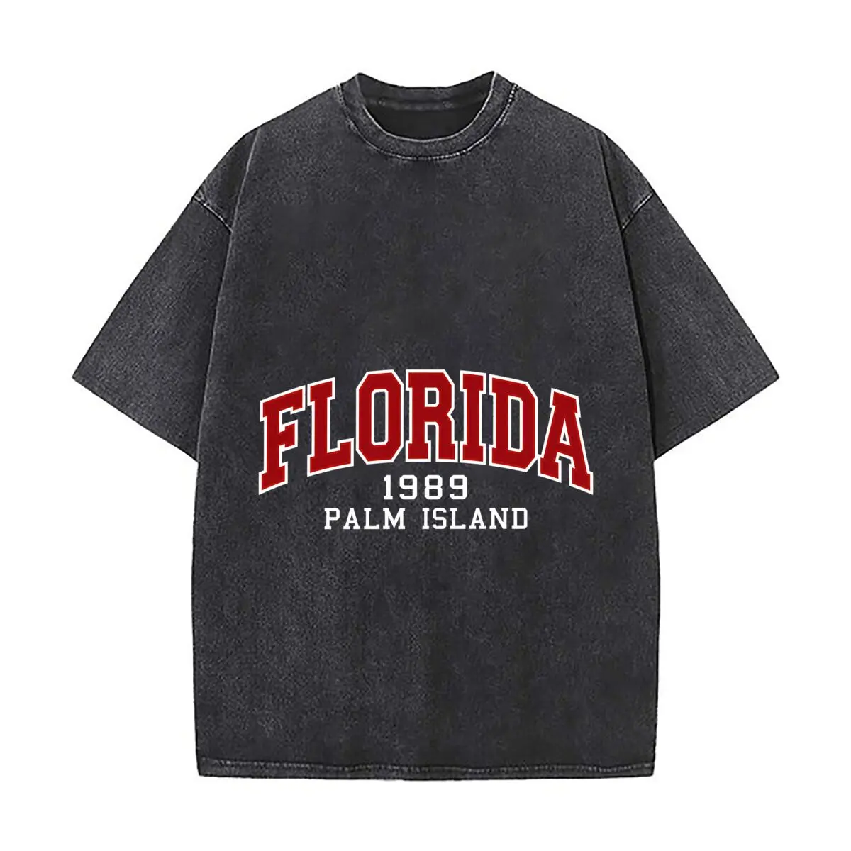 Florida 1989 Palm Island Red Varsity Lettering Washed Distressed Loose Streetwear Tops for City Walks