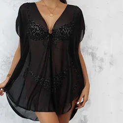 Sxey Short Sleeve See Through Top Women Mesh Sheer Tunic Beach Cover Up Female Beach Cover-ups Dress Beachwear