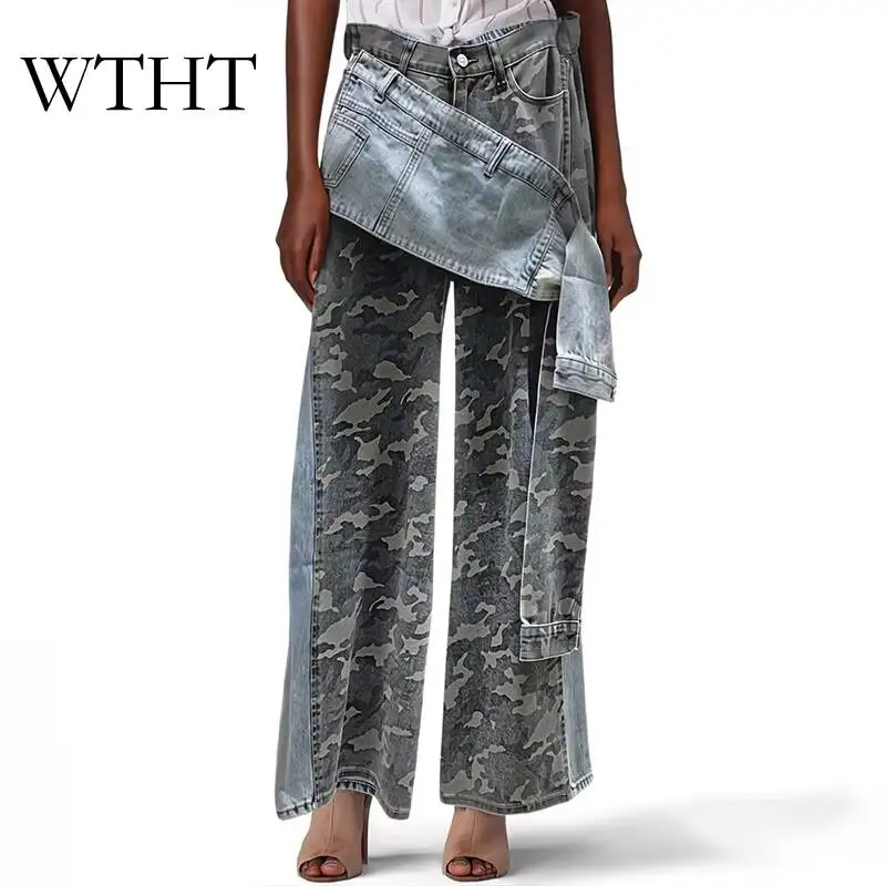 

WTHT Fashion Women's Irregular Spliced Design Camouflage Denim Pants Fashion Summer 2026 High-waist Casual Jeans Female 1LS3087