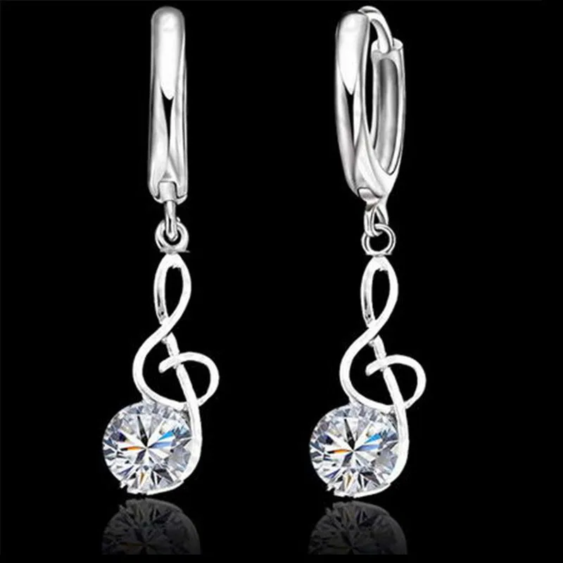 Musical Notes Jewelry Sets 925 Sterling Silver Cubic Zirconia Symbols Pendant Necklaces Hoop Earrings Sets For Women
