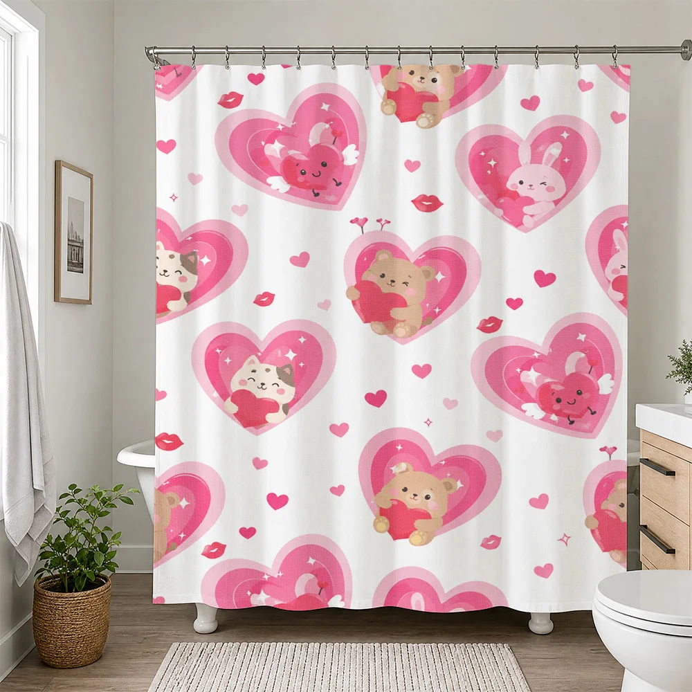 Cute Pink Heart Pattern Shower Curtain Bathroom Decor Kawaii Cartoon Animals Shower Curtain Liner
