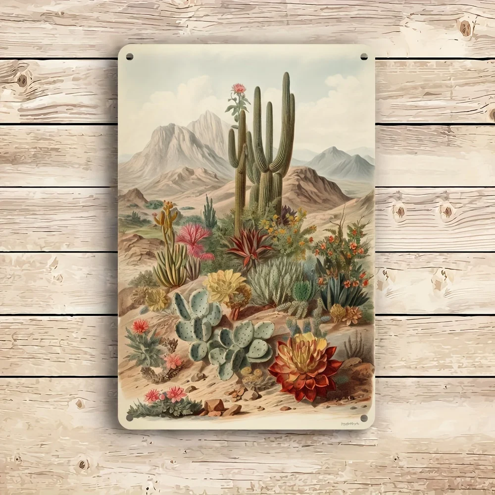 Tinplate Metal Tin Painting with Desert Cactus Landscape Vintage Wall Decoration Suitable for Bar Deck Waterproof Rust 8x12 Inch