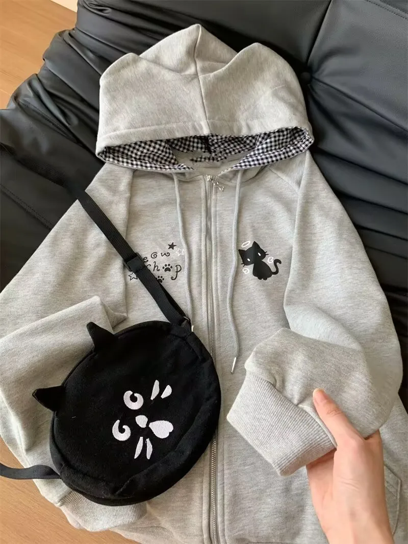 Cute  Embroidery Spring Summer Thin Hooded Jacket Women's Japanese Subculture Plaid Hat Sweater Long Sleeve School Uniform - view 2