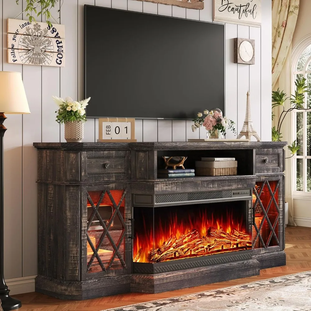 

70" Bevel Farmhouse Fireplace TV Stand with 36" 3-Sided Glass Fireplace, LED Lights Entertainment Center Glass Doors & Drawers