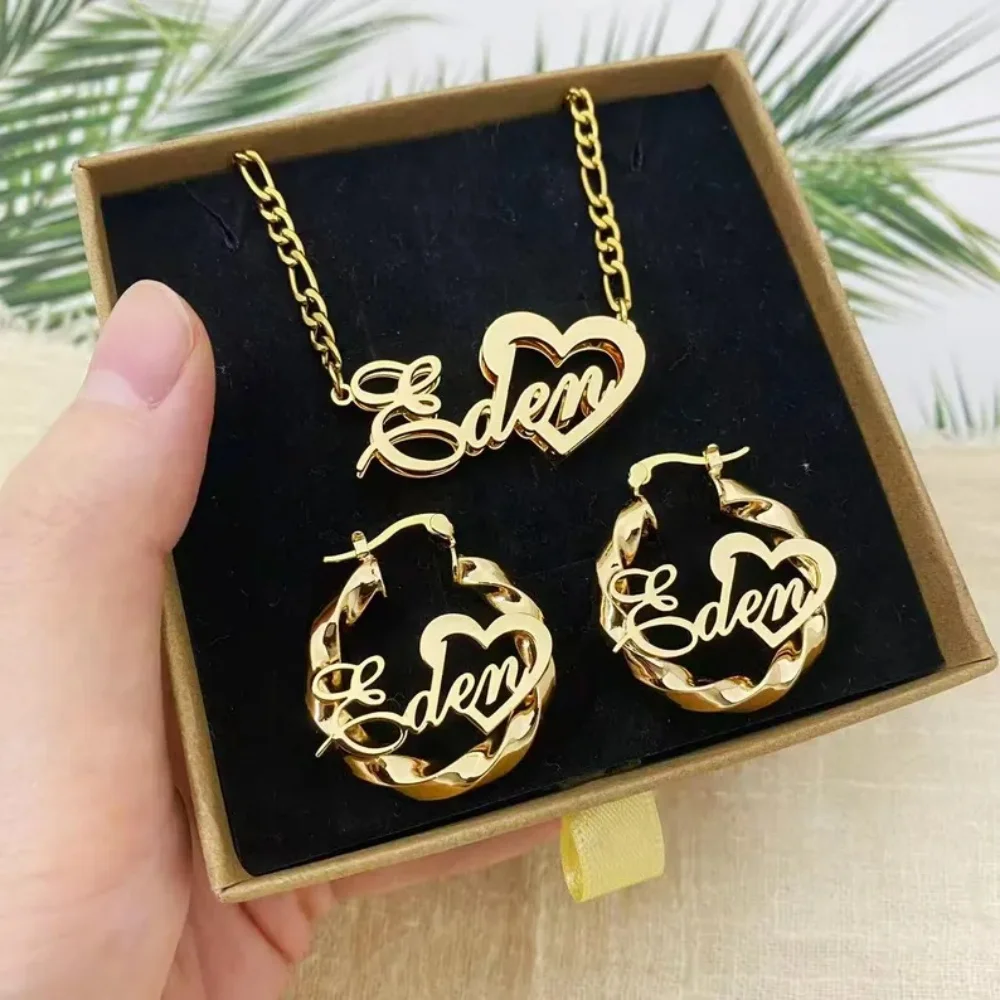 LeeChee 30mm Twist Jewelry Set Custom Double Layer Heart Necklace 5mm Figaro Chain Pendant Jewelry Set
