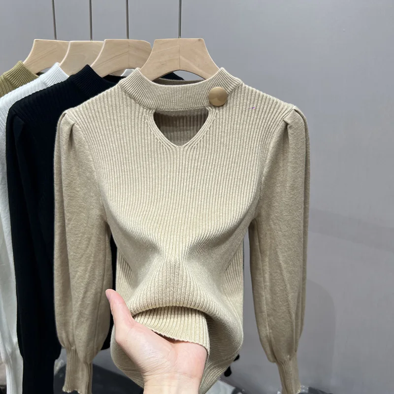 Half High Collar Hollow Out Sweater Women's Autumn  Winter Elegant Button Knit Long Sleeved Top Versatile Loose Warm Pullover