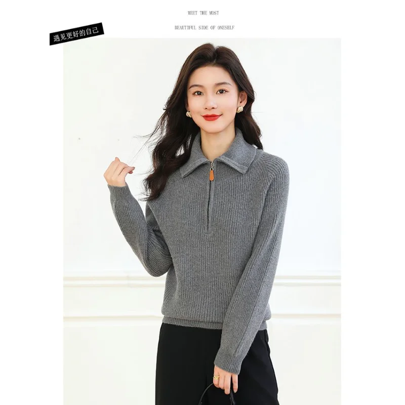 

Women's Autumn and Winter Lapel Pullover Loose Sweater Wearing Zipper Base Shirt Top