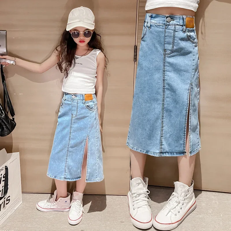 Falda Vaquera de Otoño para Niñas, Falda de Verano con Abertura Lateral para Niñas Grandes, Falda Informal para Niñas, Falda Ajustada de Media Pierna para Niñas