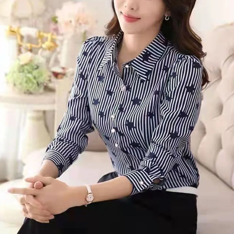 

2024 Women's New Spring Autumn Printed Button Polo-Neck Spliced Fashion Simplicity Slim Long Sleeve Commuter Stripe Shirt Tops