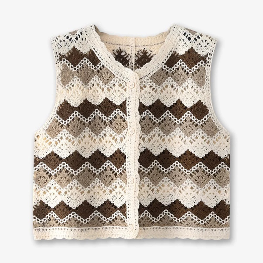

Клетчатый вязаный крючком жилет для женщин, ажурная куртка без рукавов на пуговицах, вязаный жилет, топ, женский летний наряд в стиле бохо для отпуска