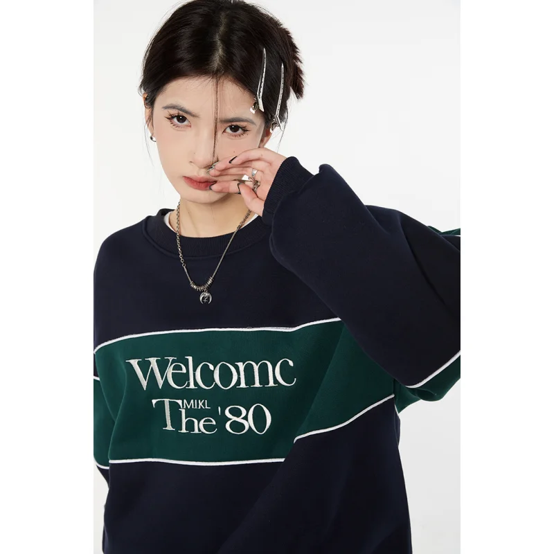 Vintage Dark Blue Plush Sweatshirt Letter Splicing Women Round Neck American Fashion Streetwear Lazy Wind Winter Female Pullover