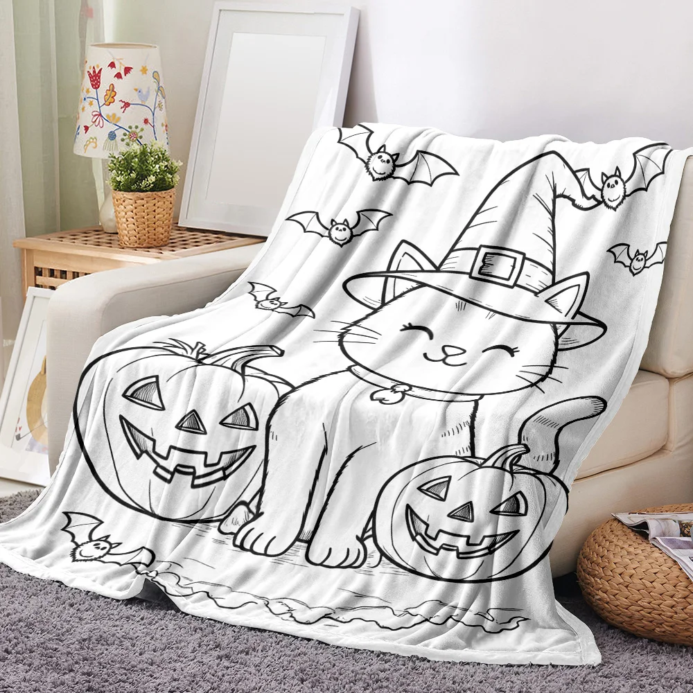1pc Halloween witch cat and pumpkin pattern blanket with your own doodle colors. Great for travel, camping, living rooms, office