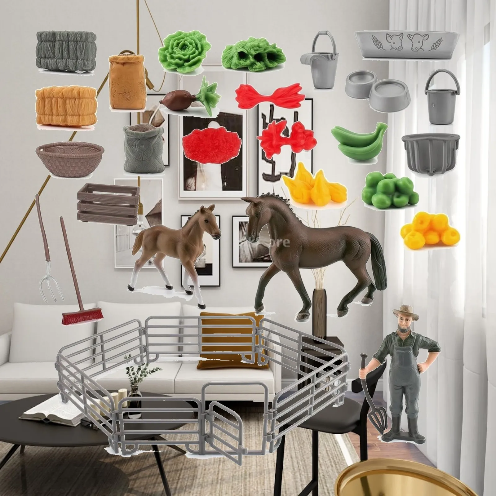Farm Playset with Horse Figures and Human Character for Kids Imaginative Barnyard Scenes PVC Durable Toy with Fence and Crate