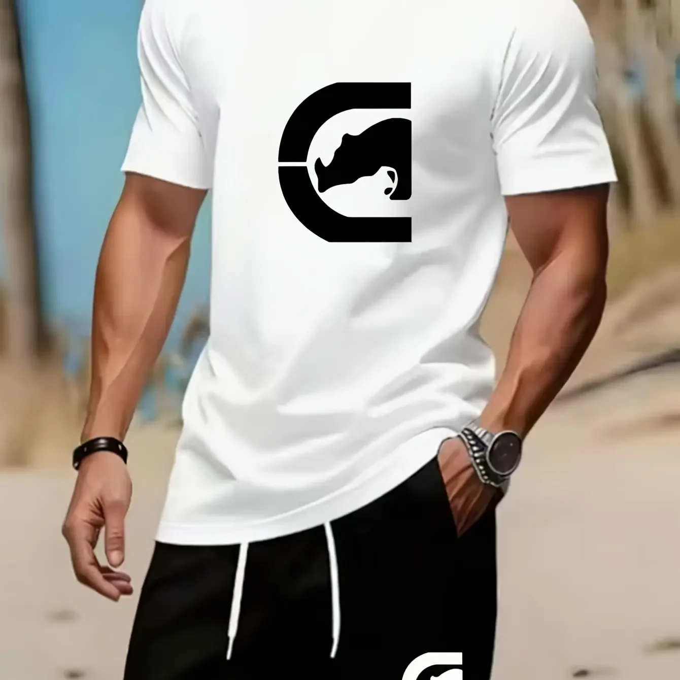 Men White Crew Neck T Shirt Minimalist C Frame ECKO Rhino Silhouette Print Oversized Street Casual Tee