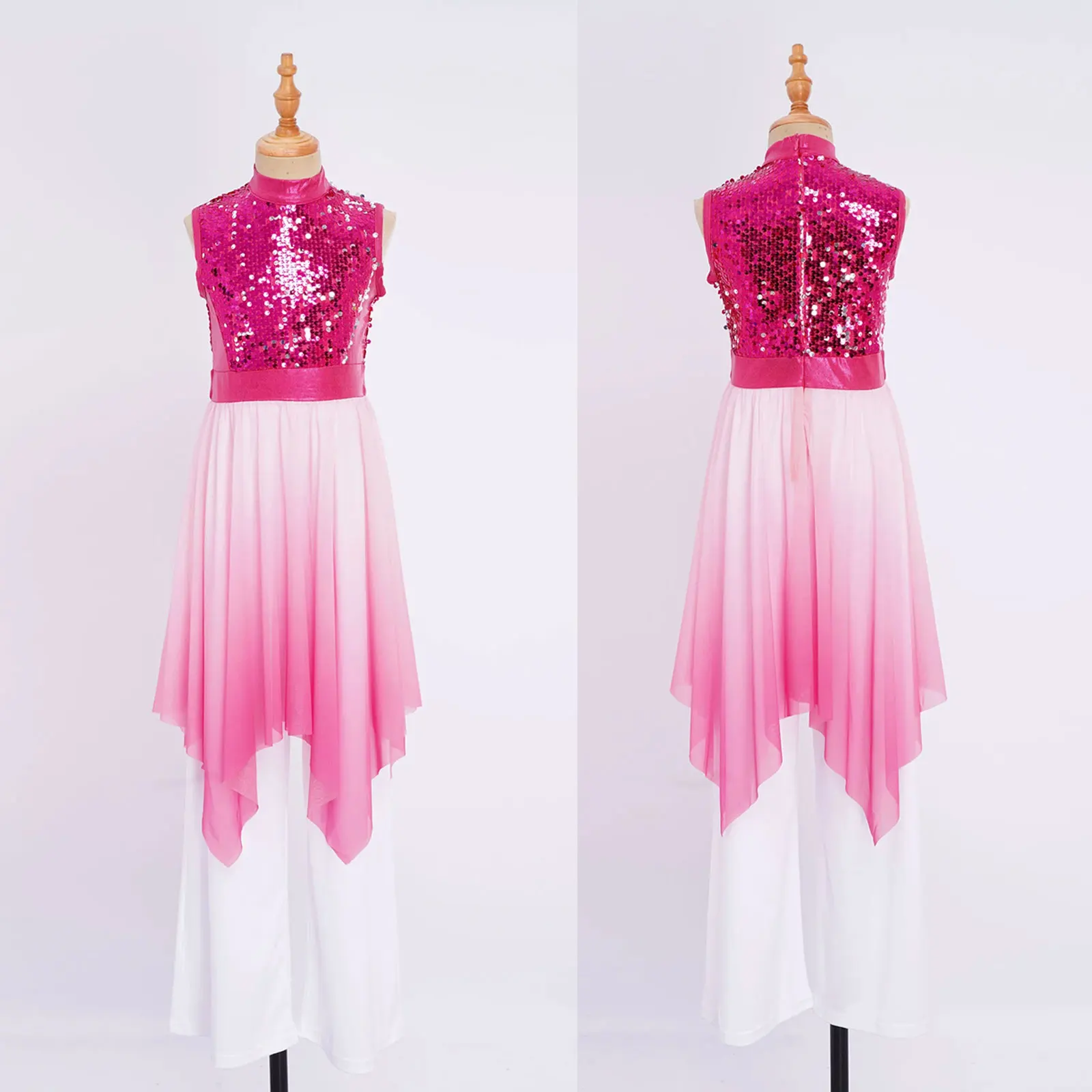 Kids Girls Liturgical Dance Outfits Sleeveless Asymmetrical Hem Contrast Color Dress Sequin Bodice Tunic with Wide-Leg Pants Set