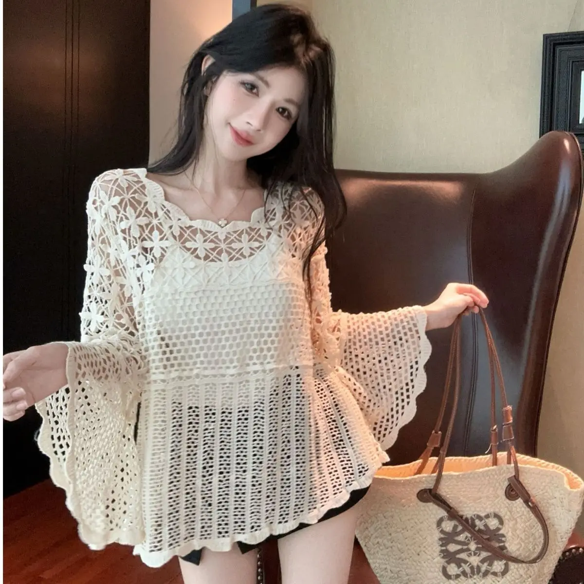 

French Lazy Style Hollow Crochet Cardigan Women JJ492