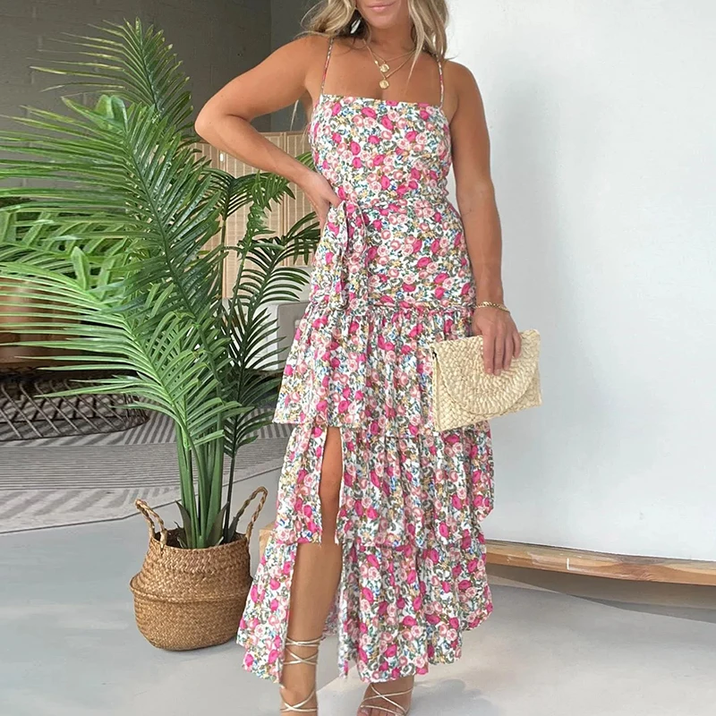 

New Vacation Floral Print Women's Beach Dress Casual Layered Split Suspenders Dresses Sexy Off Shoulder Lace Up Slim Long Dress