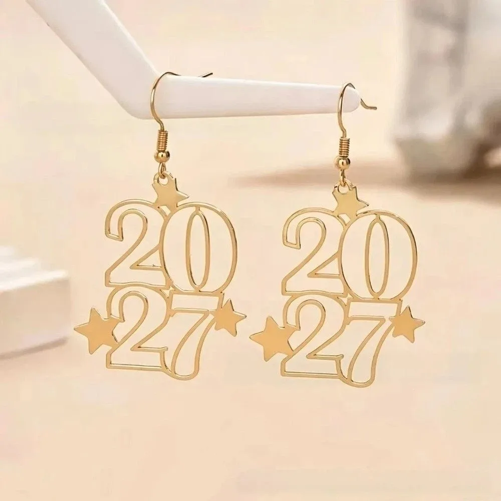 Elegant 2027 Digital Earrings Long Drop Hollowed-out Fashion Happy New Year Earrings Star Design Metal Iron Stud Earrings