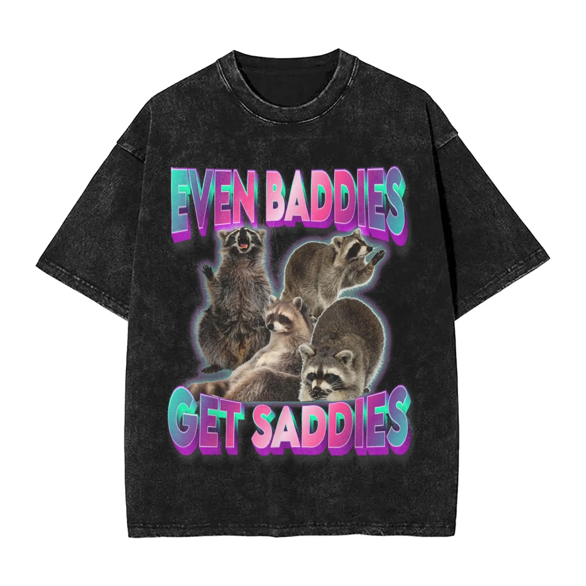 

Мужская футболка Even Baddies Get Saddies Raccoon Funny Oddly Specific Meme Washed Футболки Крутые летние футболки Хлопковые топы больших размеров