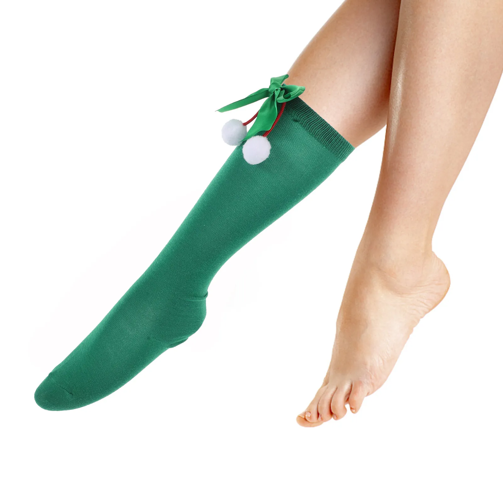 1Pair Socks Green Knee Socks Cute Bow Pompom Day Holiday Stockings Green Stockings Sock