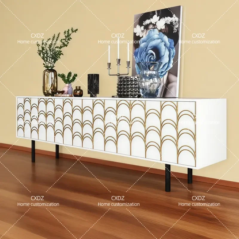 Modern Solid Wood TV Cabinet with Stainless Steel Frame Peacock Blue Green Storage Console Table for Living Room Home Decor