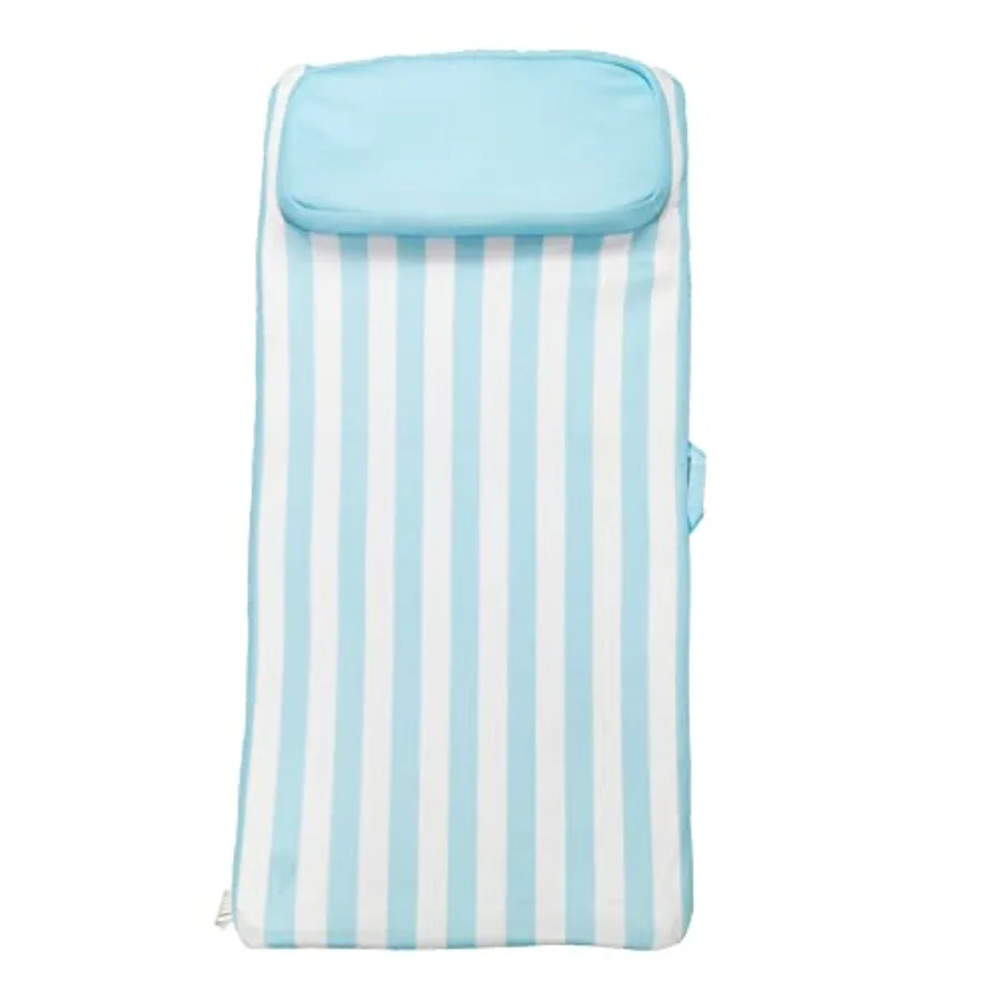 Pool and lake float for single person: blue/white inflatable roll-up sun bed with pillow headrest and removable soft mesh cover