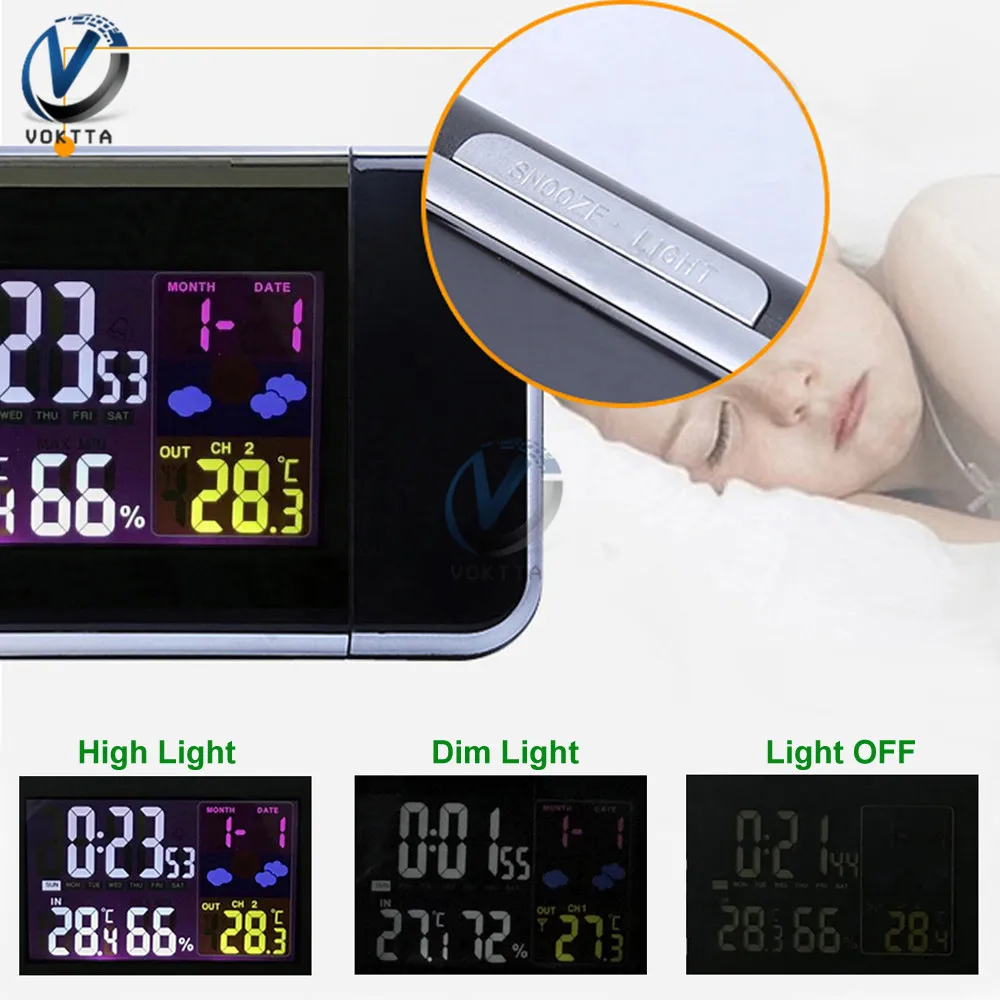 Colorful LED Digital Projection Alarm Clock Weather Station Desk Projector Calendar Temperature Thermometer Humidity Hygrometer