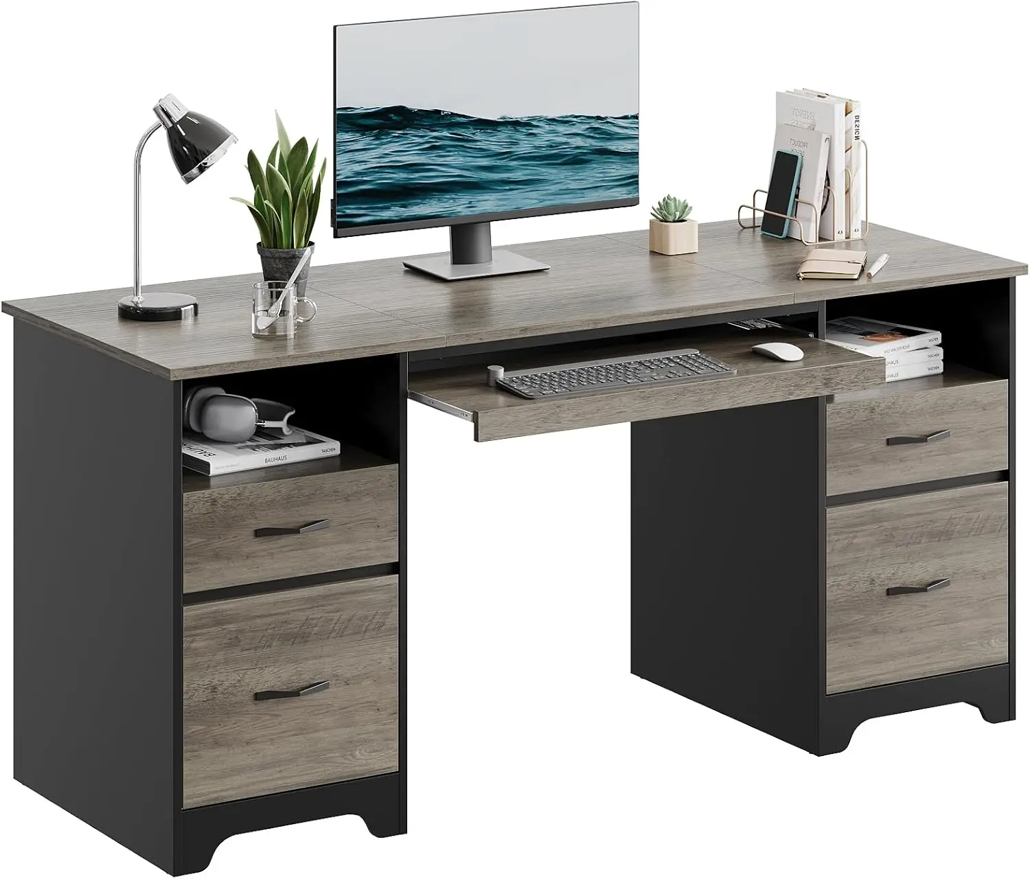 

59” Computer Desk with 4 Drawers, Office Desk with Storage, Industrial Executive Desk with File Drawer, Keyboard Tray &