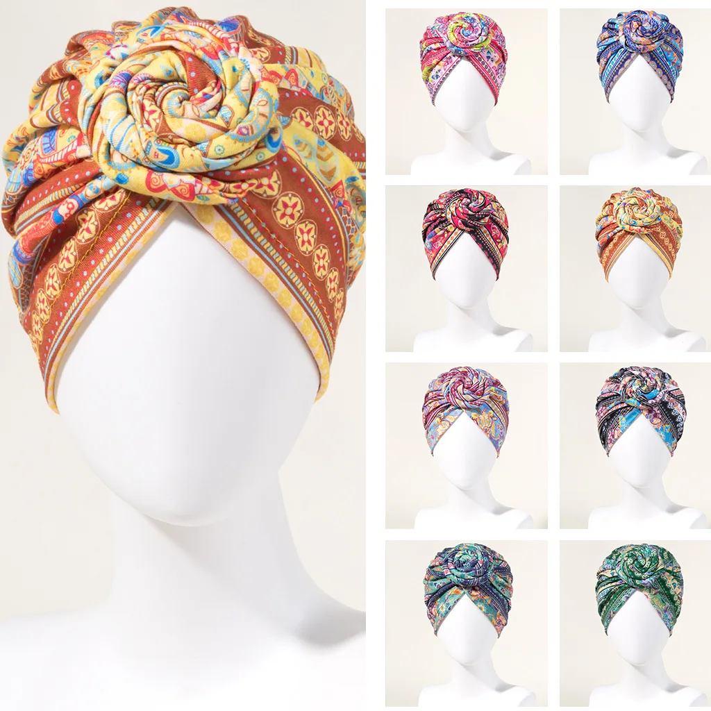 

8pcs African Pattern Knot Headwrap Cap Colorful Pre Tied Beanie Boho Turbans Bonnet Flower Stretch Women Headscarf Hat