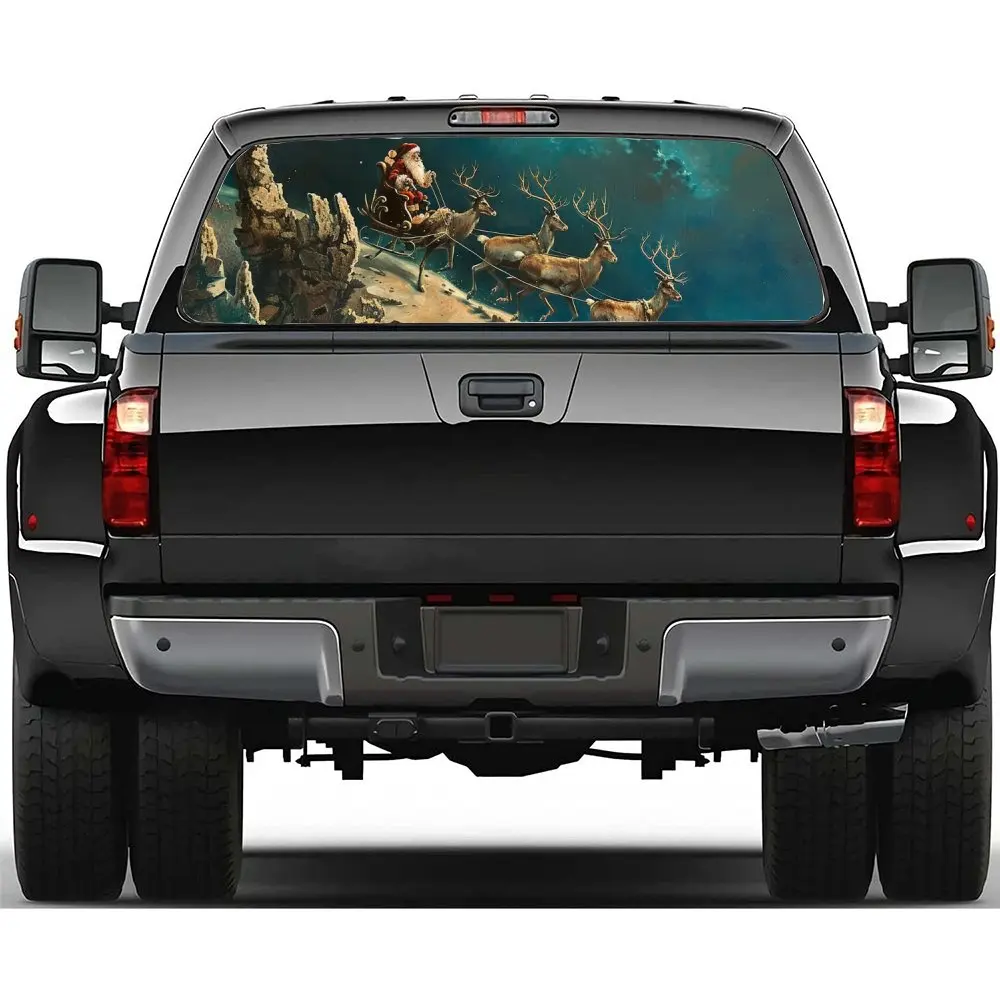 

Santa Claus Reindeer Print Car Rear Windshield Sticker Truck Window See Through Perforated Back Window Vinyl Decal Decoration