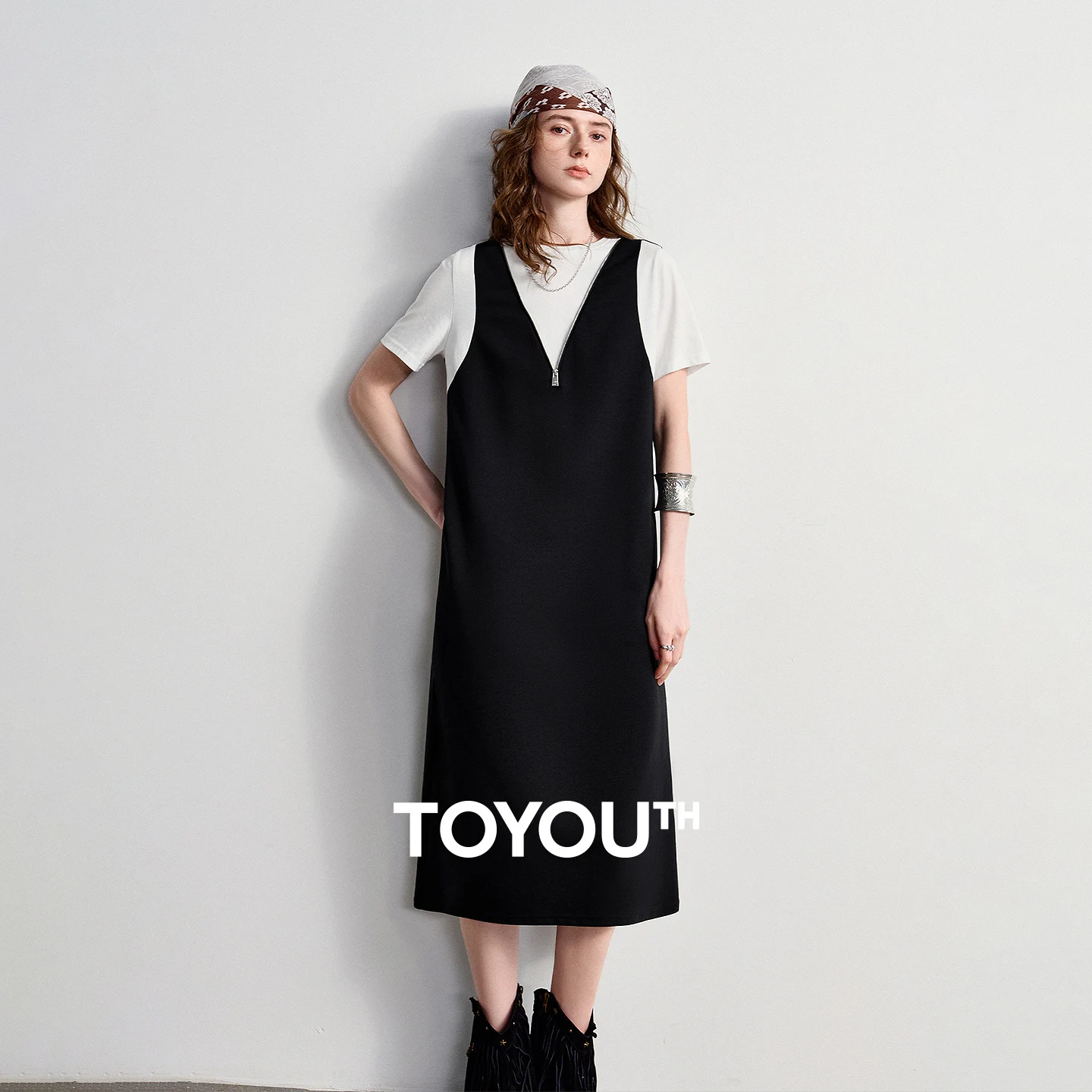 TOYOUTH Women Dress 2026 Summer New Color Block Patchwork Two-Piece Slimming Deep V Zip Collar Midi T-Shirt Dress