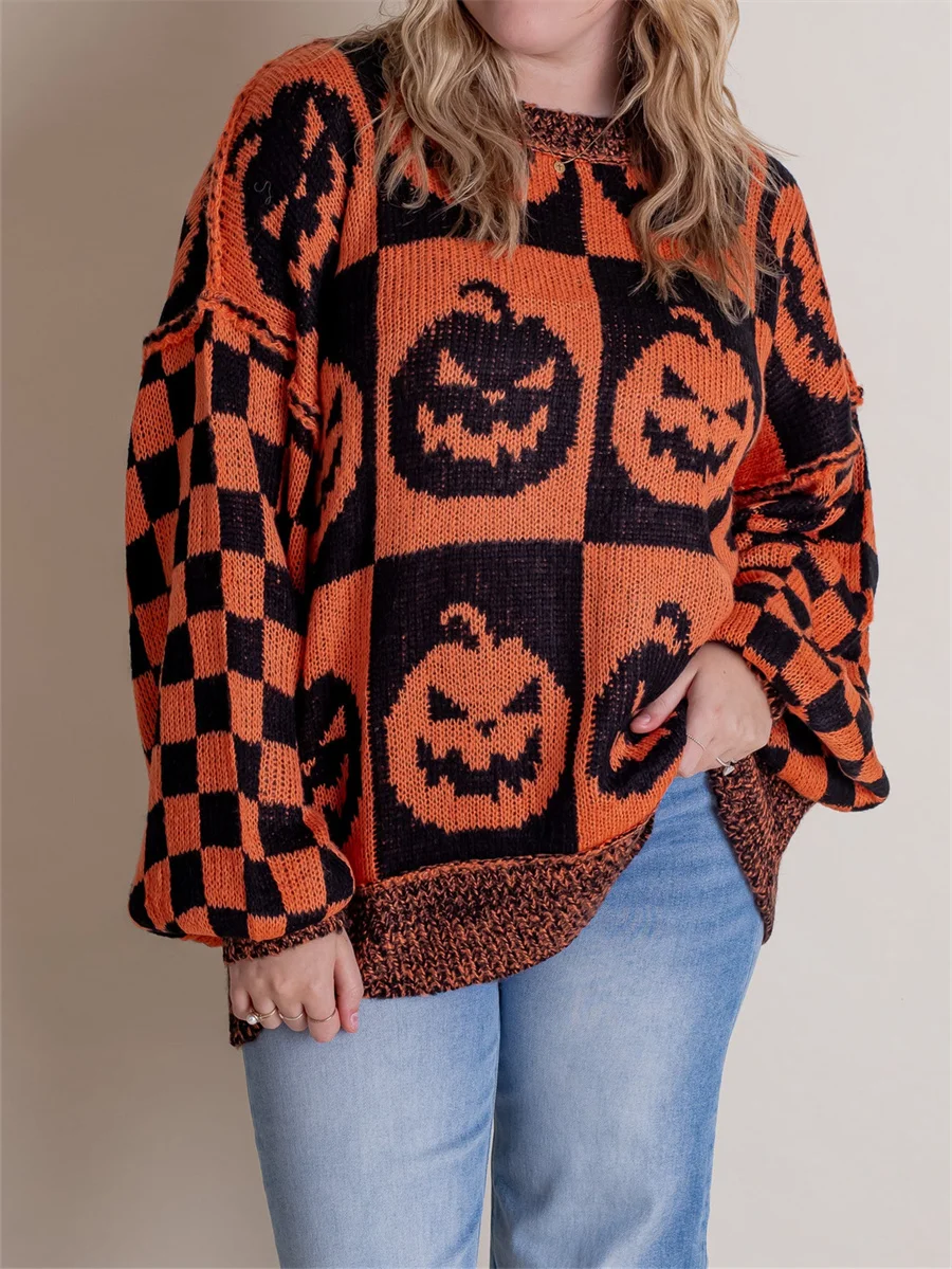 Halloweenowa dynia w kratkę swetry upiorny sezon duch bluzy z wycięciem pod szyją damskie ponadgabarytowe koszule z długim rękawem