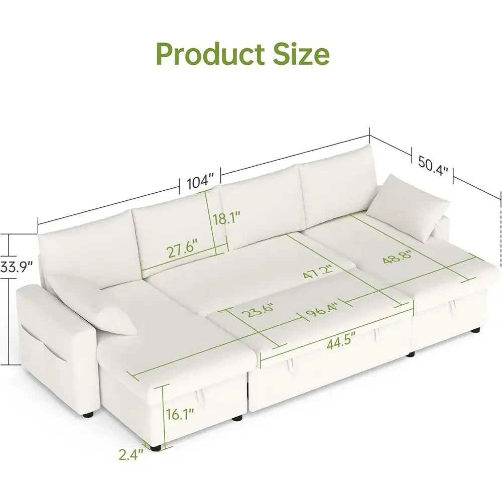 104'' Soa Bed, haped Chenille Sleeper Soa Couch with Pull Out Bed and Chaise Storage or Living Room, Aparent and Oice, Beige