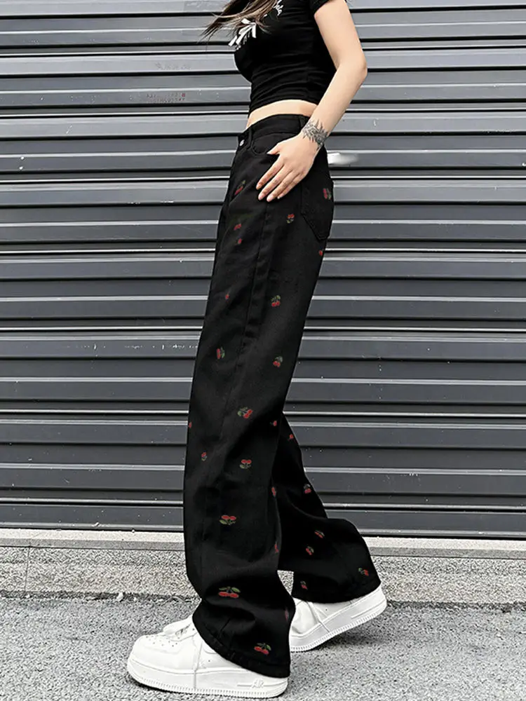 Trend Cherry Black Wide Leg Jeans Women High Waisted 2000s Aesthetic Fashion Streetwear Trousers Y 2k Girls Baggy Denim Pants