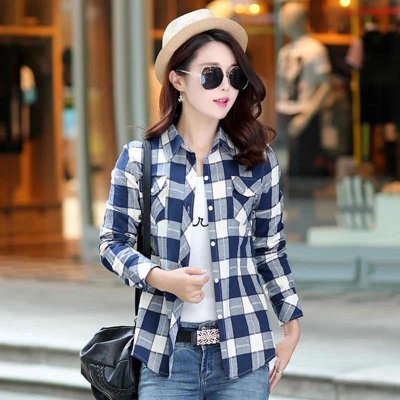 New Cotton Blouse Women\'s Plaid Shirt Grid Plus Size Spring Autumn Blouse Shirt Casual Long Sleeve Checkered Turn-down Outerwear