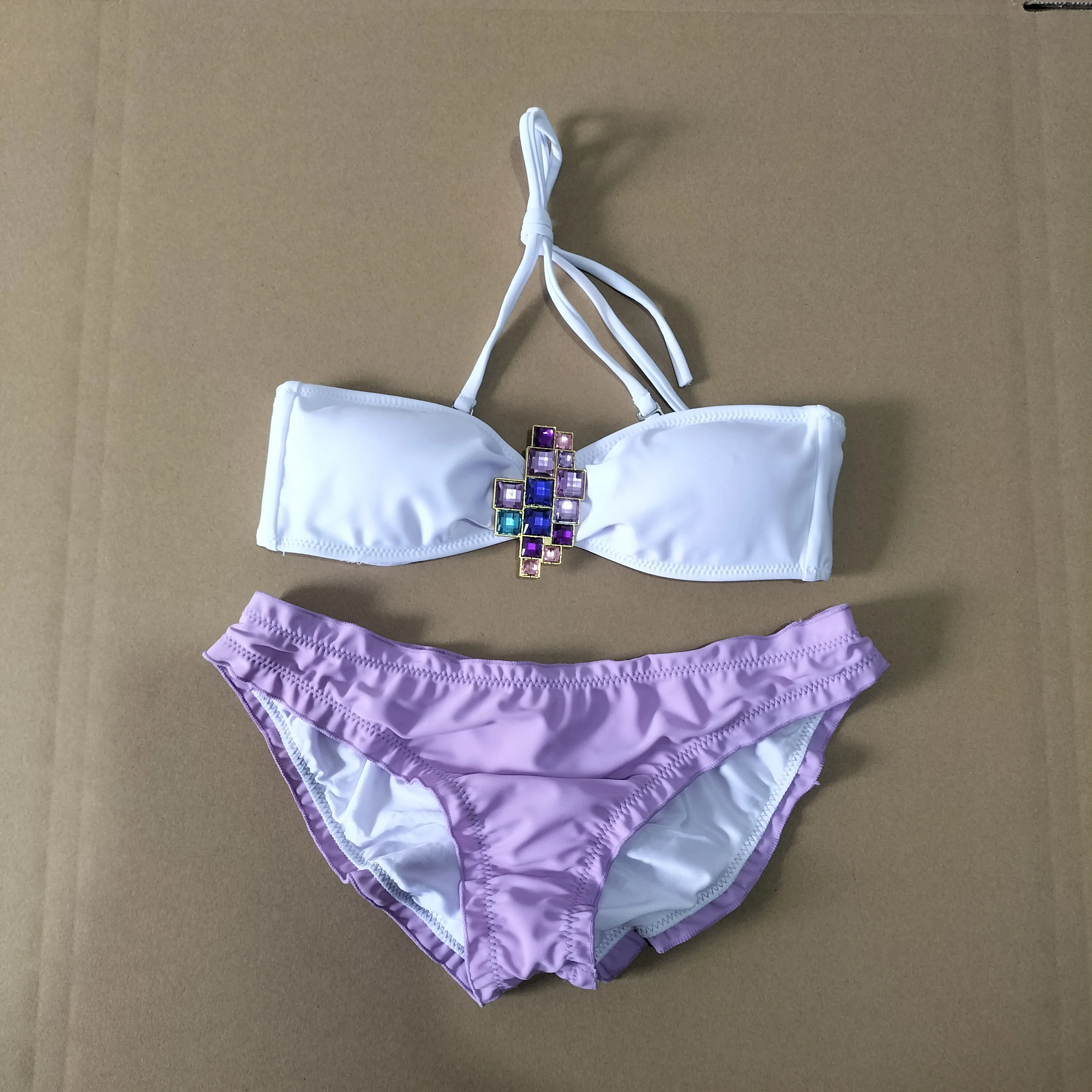 

Женский комплект бикини-бандо с драгоценными камнями - белый и фиолетовый купальник из двух частей, сексуальные микро-бикини