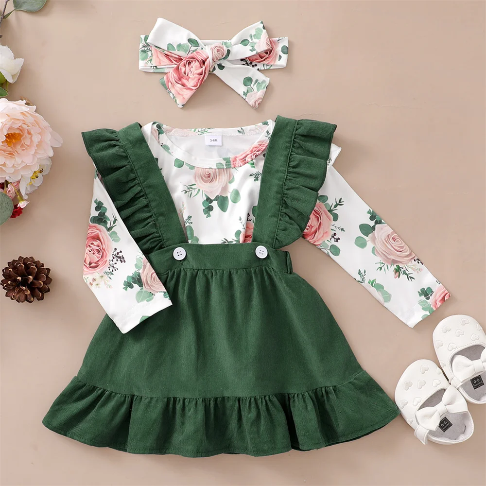 0-12Months Newborn Baby Girl 3PCS Clothes Set Floral Long Sleeve Top+Suspender Skirt+Headwear Fashion Spring&Autumn Daily Outfit