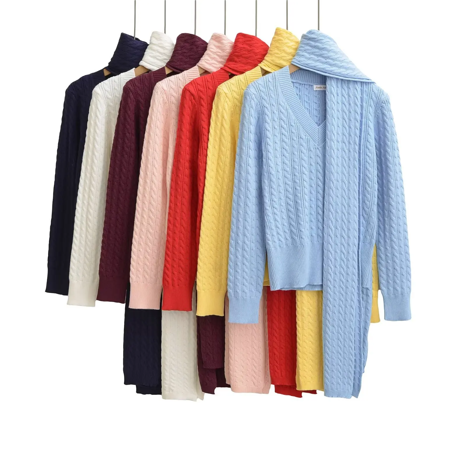 American Style V-Neck Cable Knit Halter Neck Scarf Solid Color Long Sleeve Knitted Sweater Women's Inner Wear Top Elegant KCOX