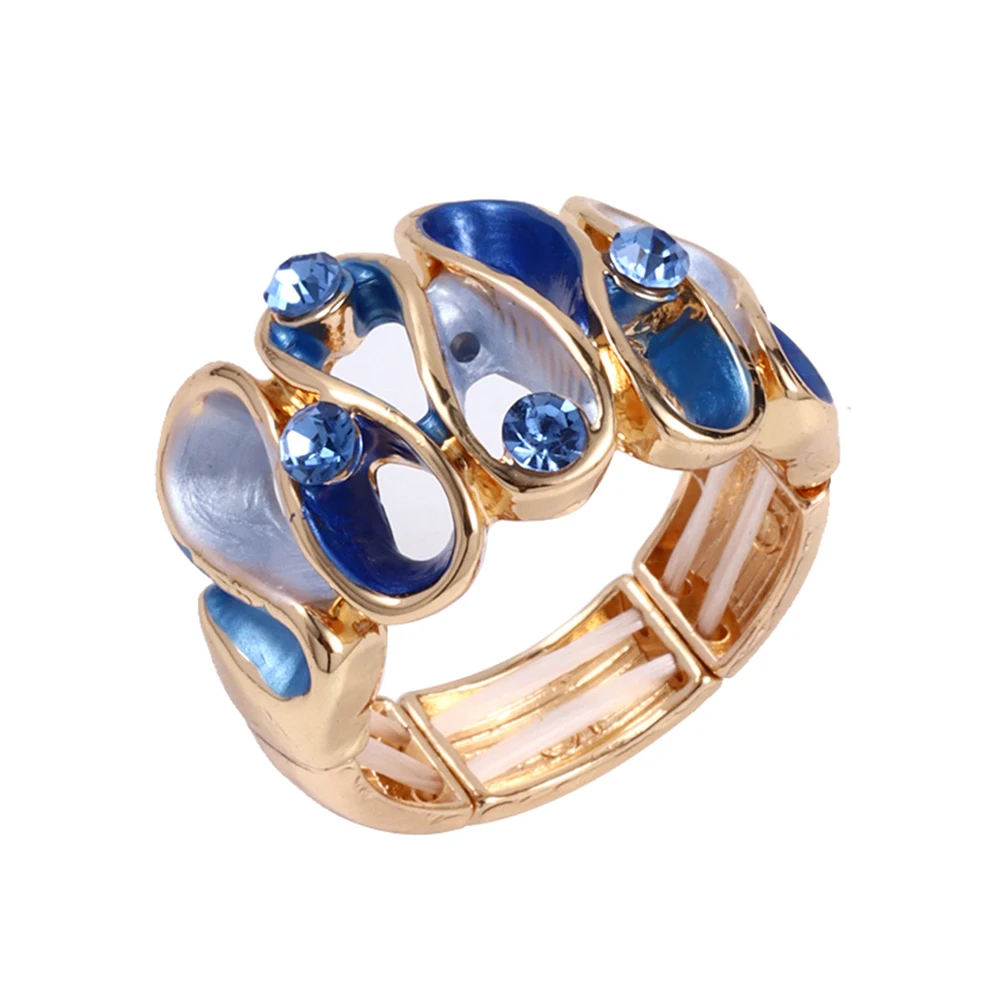 Fashion Blue Drip Oil Geometric Rings for Women Accessories Trendy Elastic Adjustable Wide Gold Color Ring Party Jewelry Gift