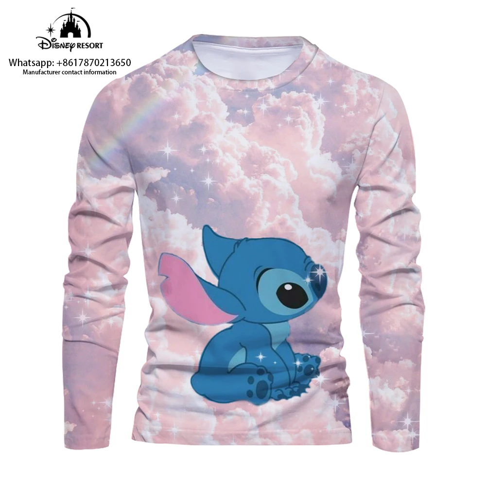 Cartoon 3D comfortable men's long-sleeved T-shirt 2024 new fashion casual men's bottoming shirt cute Stitch T-shirt